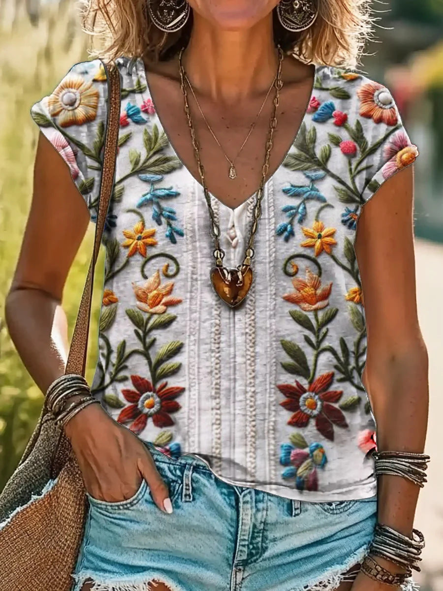 Printed 3D Digital-Print Loose Casual Womens V-Neck T-Shirt