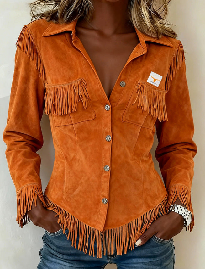 Women's Suede-Velvet Tassel Cardigan – Long Sleeve Western Style