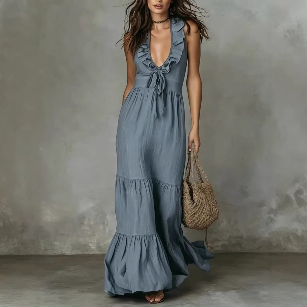 Sleeveless Cotton-Linen V-Neck Maxi Dress