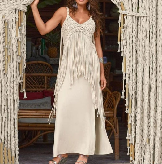 New Women's Sexy Fringed V-Neck Slim Slit Dress