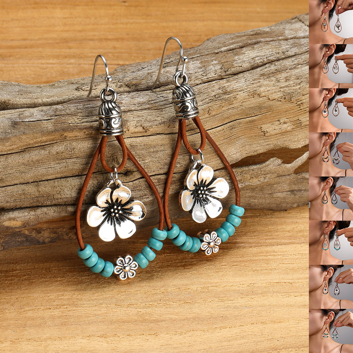 Vintage Earrings Ethnic Style Antique Silver Flower Turquoise Rope Pendant Women's Jewelry