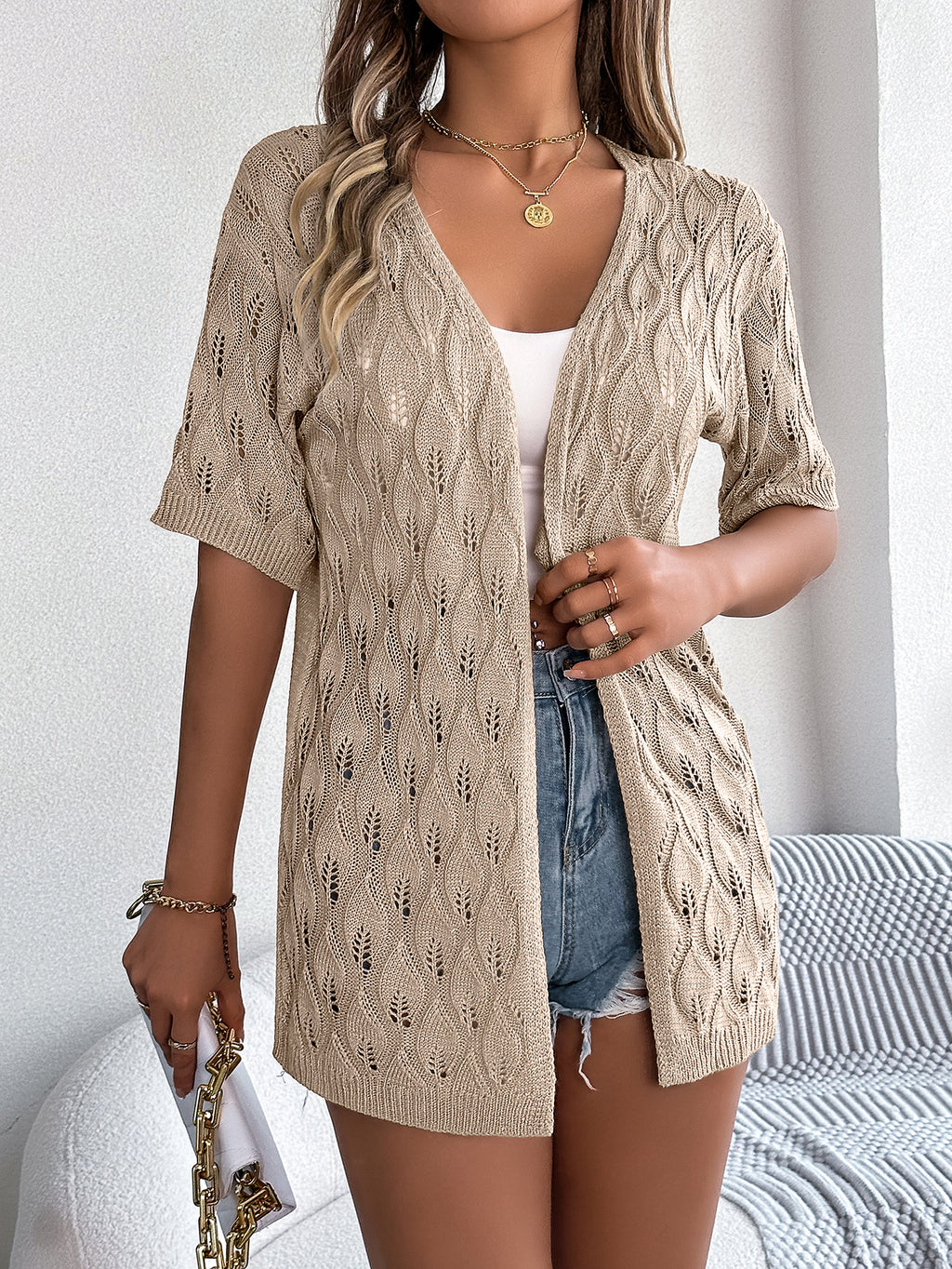 Women's Leaf Hollow-Out Knit Cardigan – Short Sleeve Vacation Cover-Up