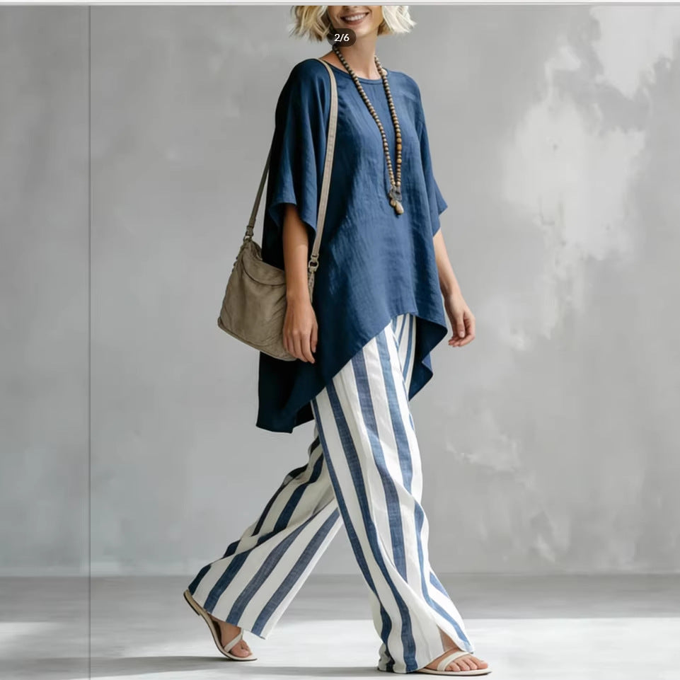 New Striped Batwing-Sleeve Loose Cotton-Linen Two-Piece Set