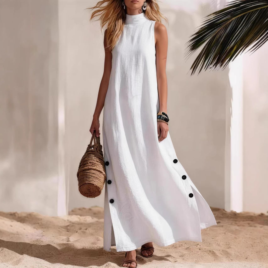 Women's Cotton-Linen Sleeveless Midi Dress – Side Slit