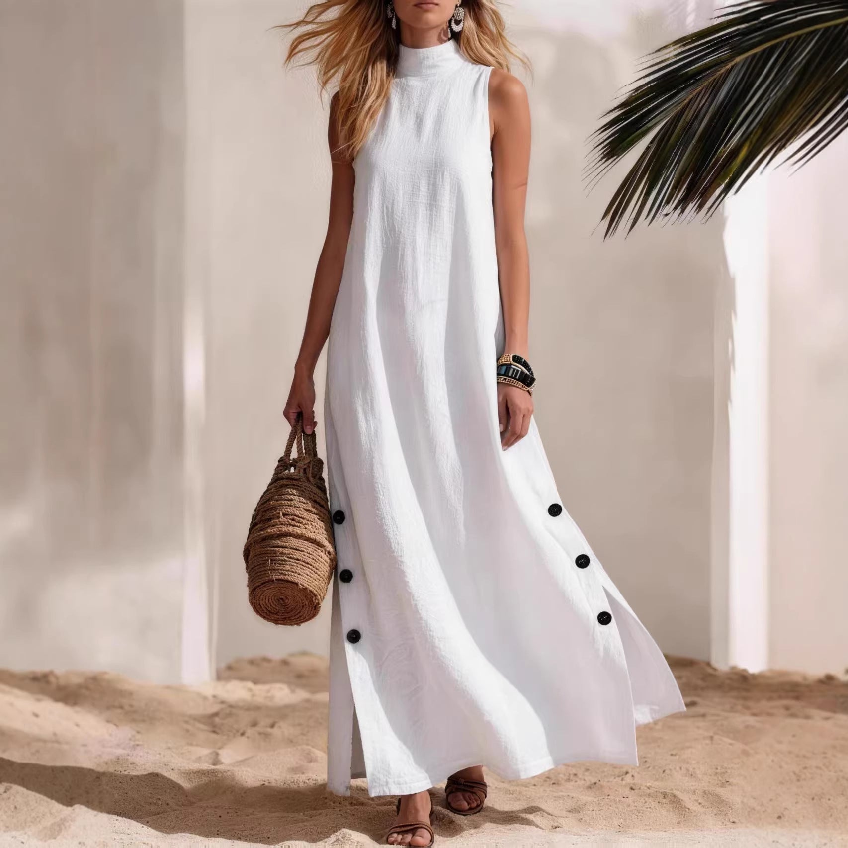 Women's Cotton-Linen Sleeveless Midi Dress – Side Slit