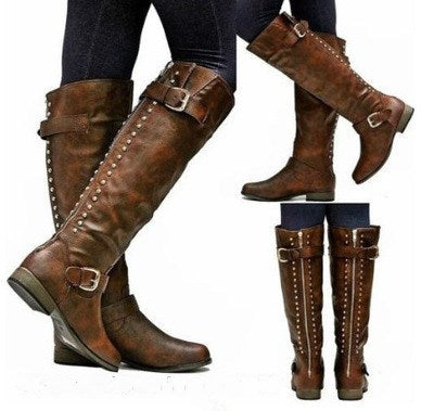 New Women's Boots Solid Color Flat Rivet High Boots