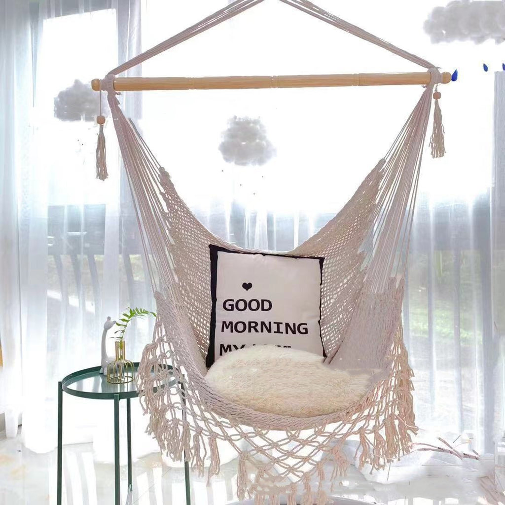 Outdoor Fringed Cotton Mesh Hammock With Netting Suspension