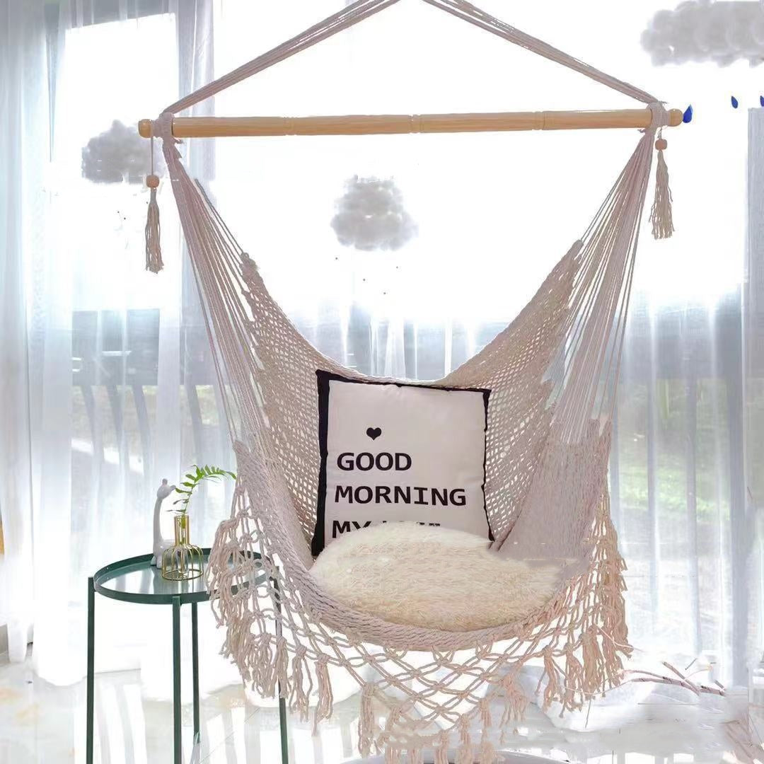 Outdoor Fringed Cotton Mesh Hammock With Netting Suspension