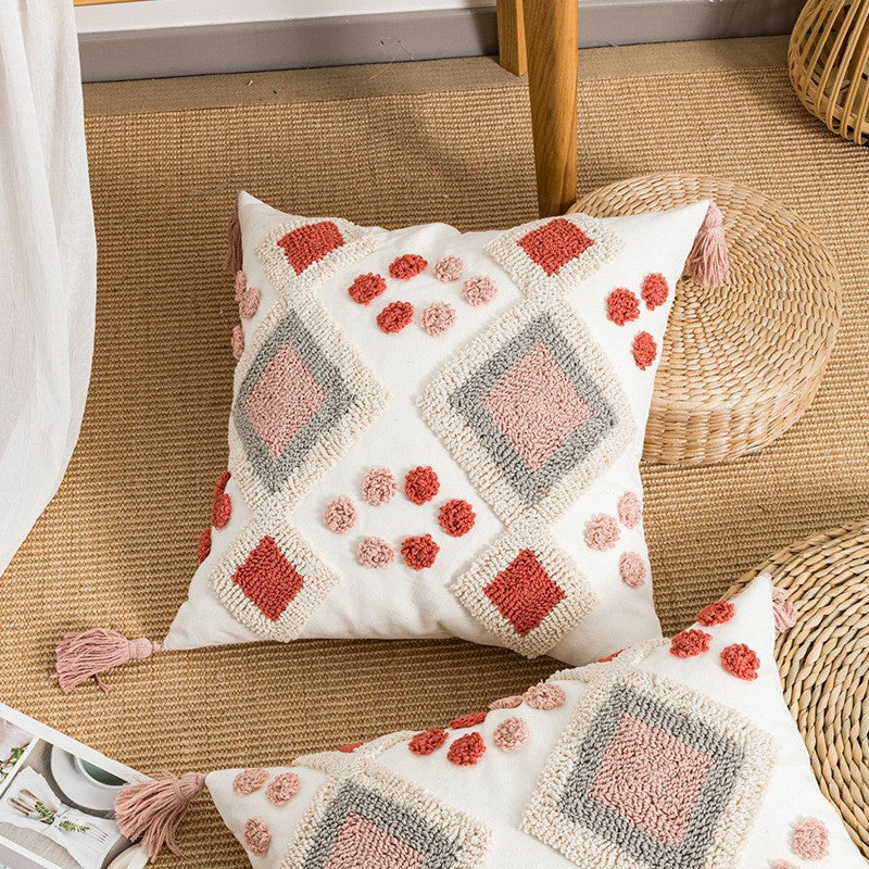 Bohemian-style Circular Velvet Embroidered Ethnic Tassel Throw Pillow Cover
