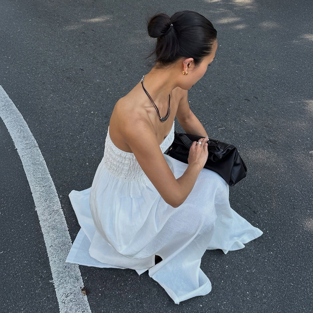 Women's Off-Shoulder Ruched Maxi Dress – High-Waist Vacation Style