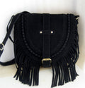 Suede fringe diagonal across package