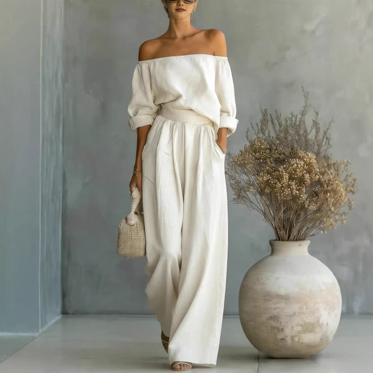 Women's Off-Shoulder Top & Wide-Leg Pants Two-Piece Set