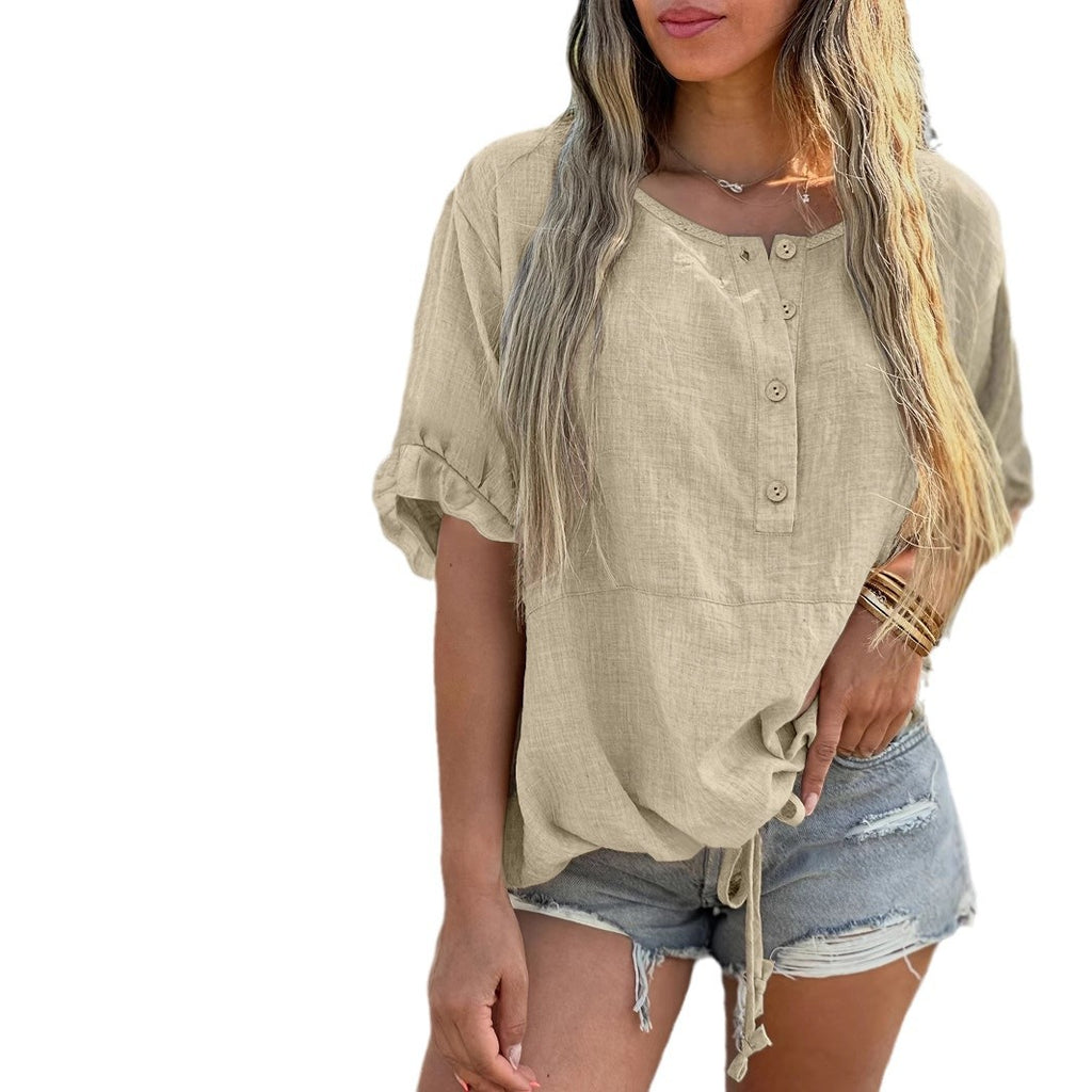 Loose-fit Autumn Cotton-linen Short-sleeve Shirt With A Round Neck And Buttons