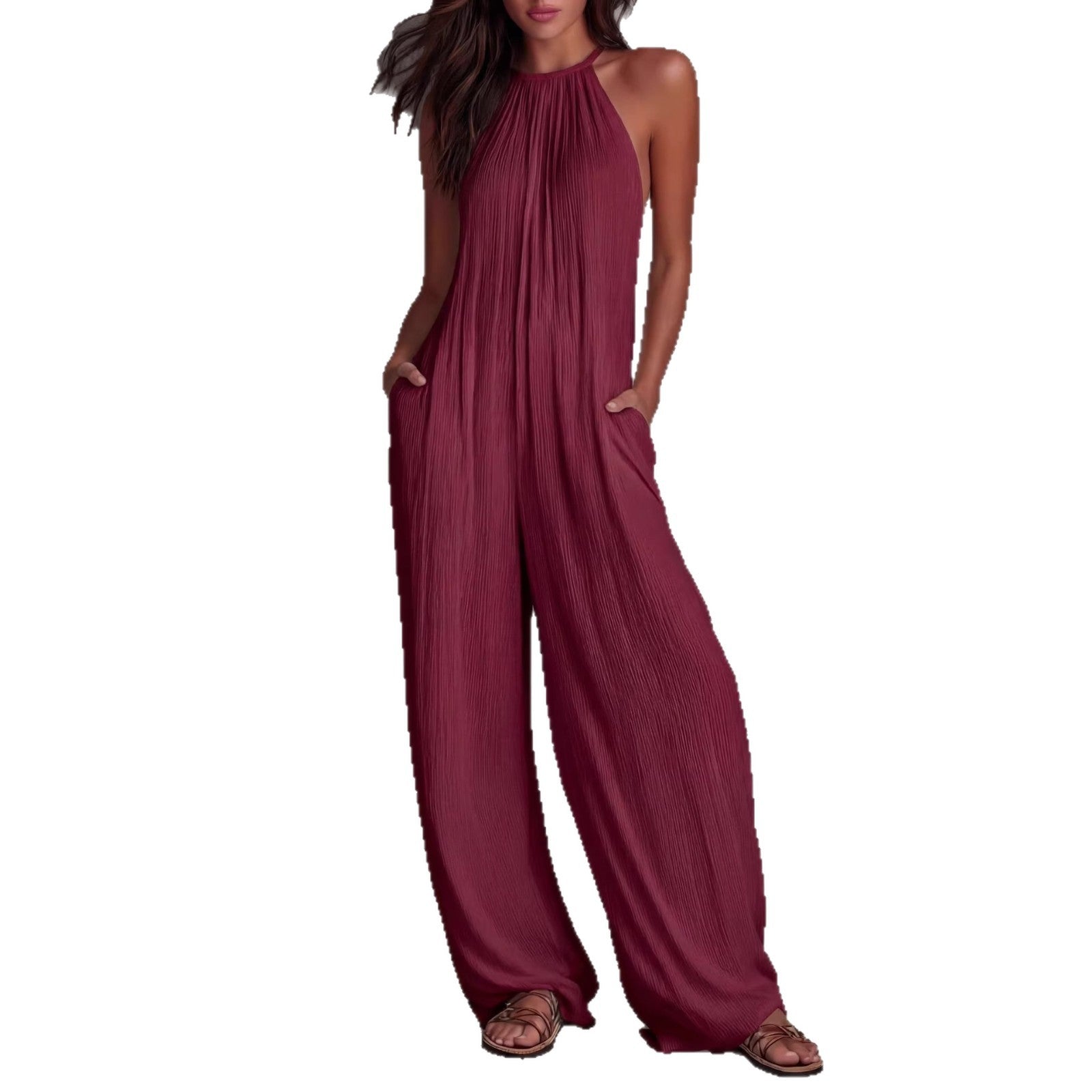 Resort-style White Pleated Open-back Wide-leg Jumpsuit