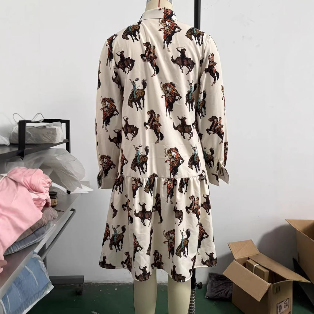 Women's Western Cowboy Printed Long-Sleeve Dress