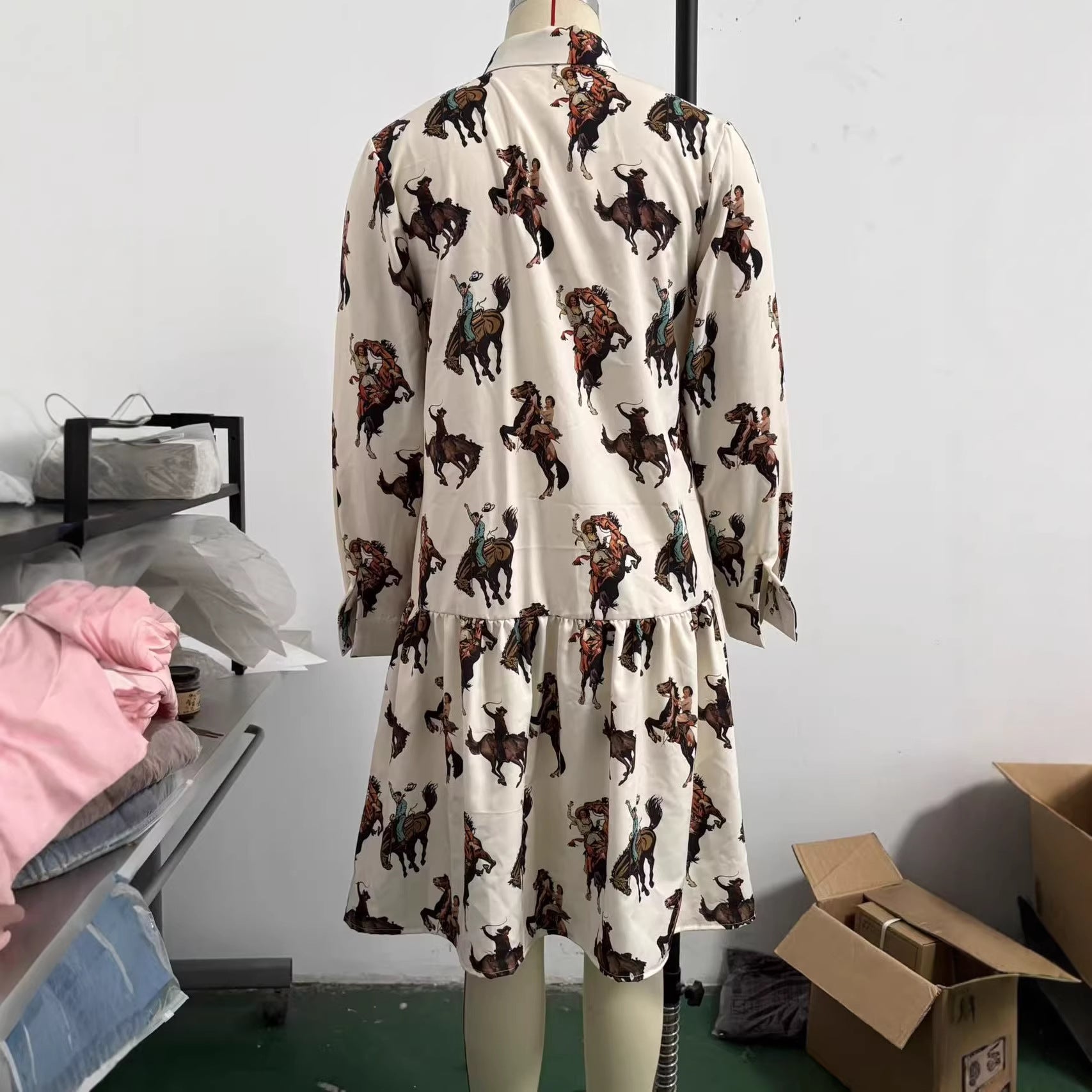 Women's Western Cowboy Printed Long-Sleeve Dress
