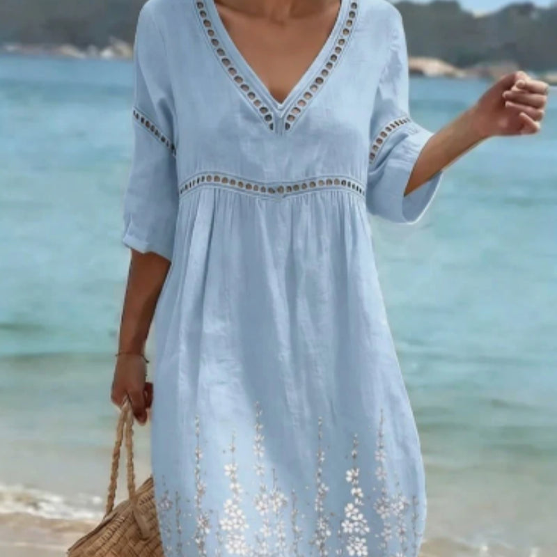 Women's V-Neck Digital Print Dress – Elegant & Casual