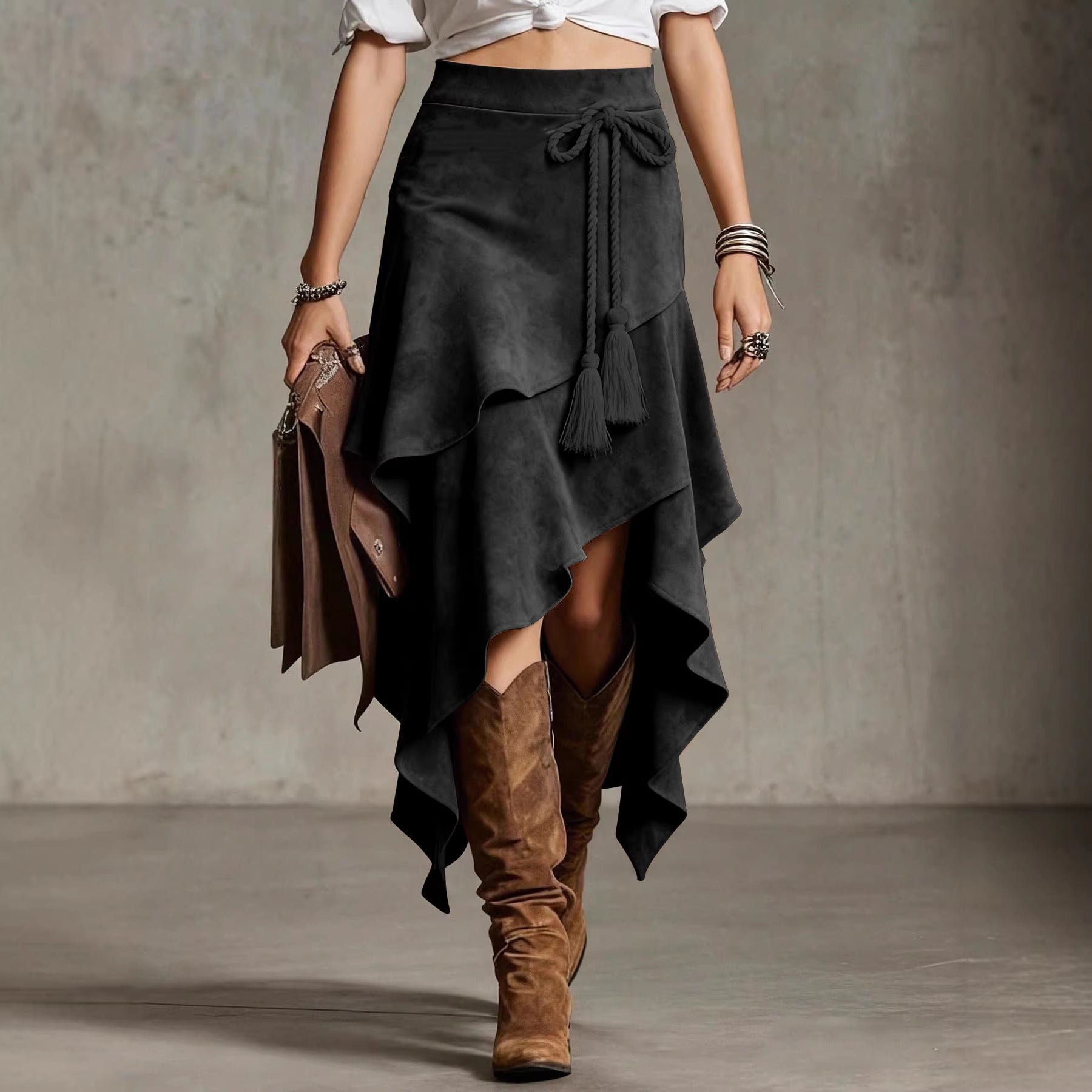 Retro Western-style Irregular Design Suede Skirt