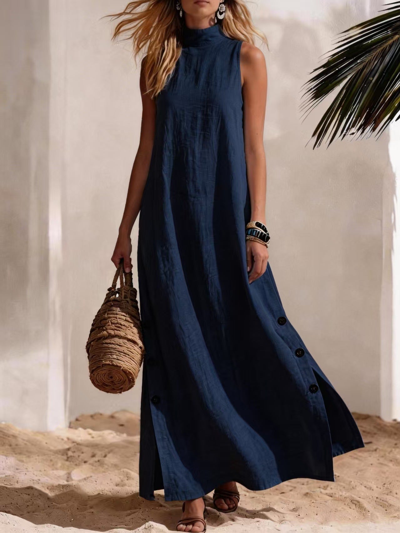 Women's Cotton-Linen Sleeveless Midi Dress – Side Slit