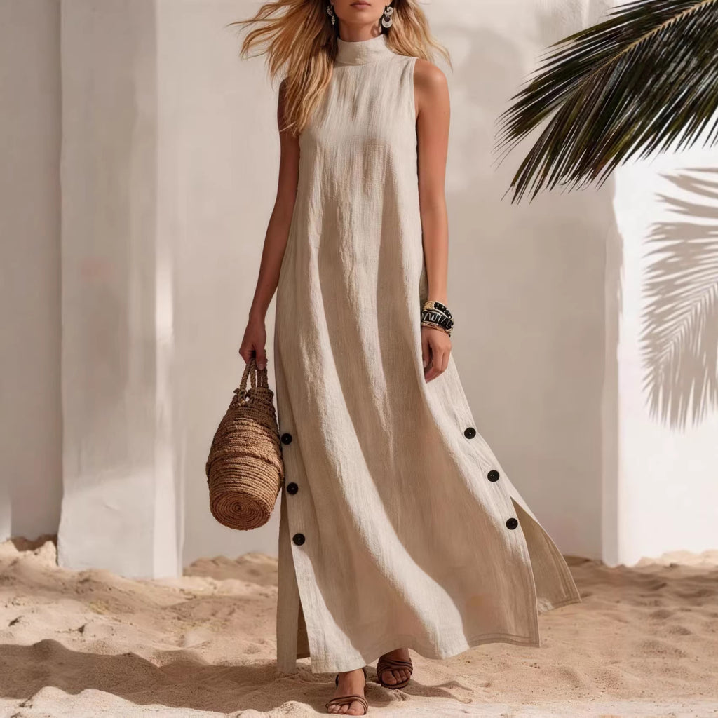 Women's Cotton-Linen Sleeveless Midi Dress – Side Slit
