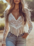 Women's Elegant Lace Fringe Thin Solid Color Hollow-out T-shirt