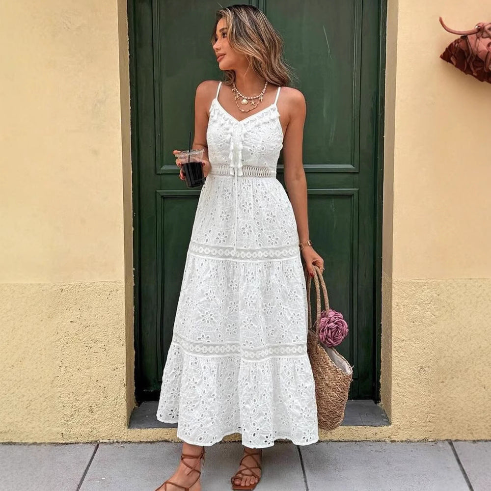 White V-collar Hollow Tassel Embroidered Dress
