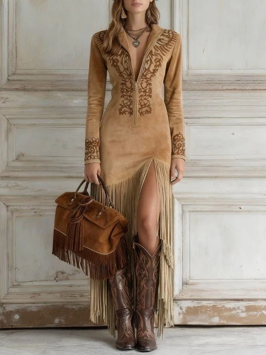 Women Retro Ethnic Tassel Floral Zipper Long Dress