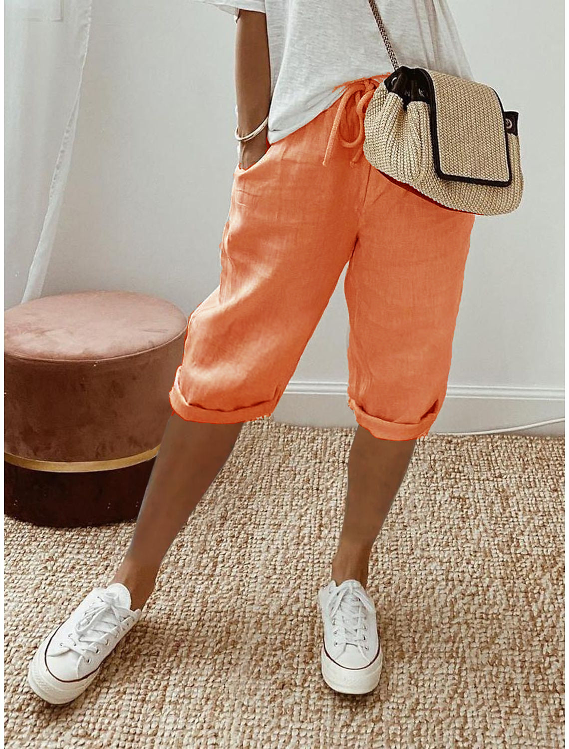 Women's Cotton And Linen Pocket Elasticated Slacks Women's Fifth Pants