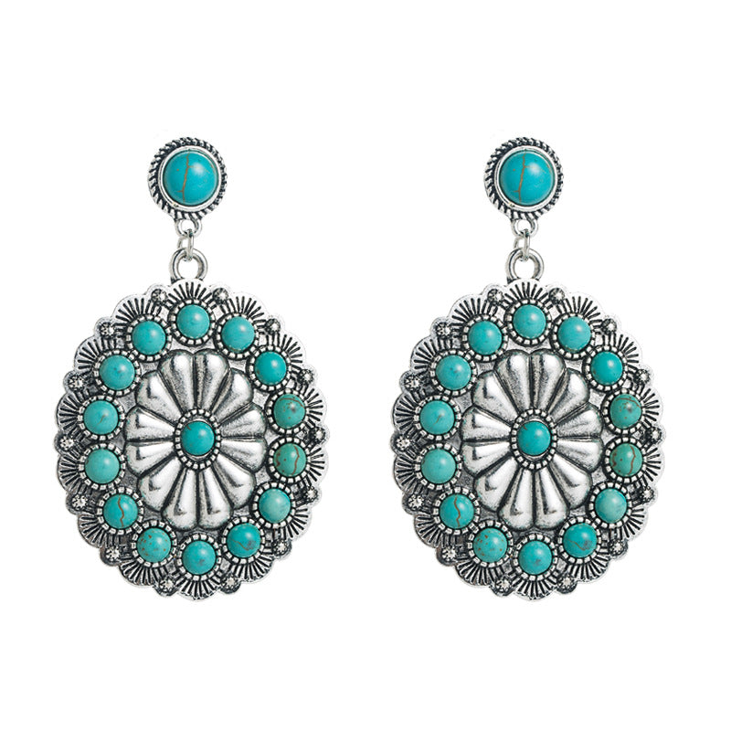 Vintage Bold Statement Earrings Featuring Antique Silver And Turquoise