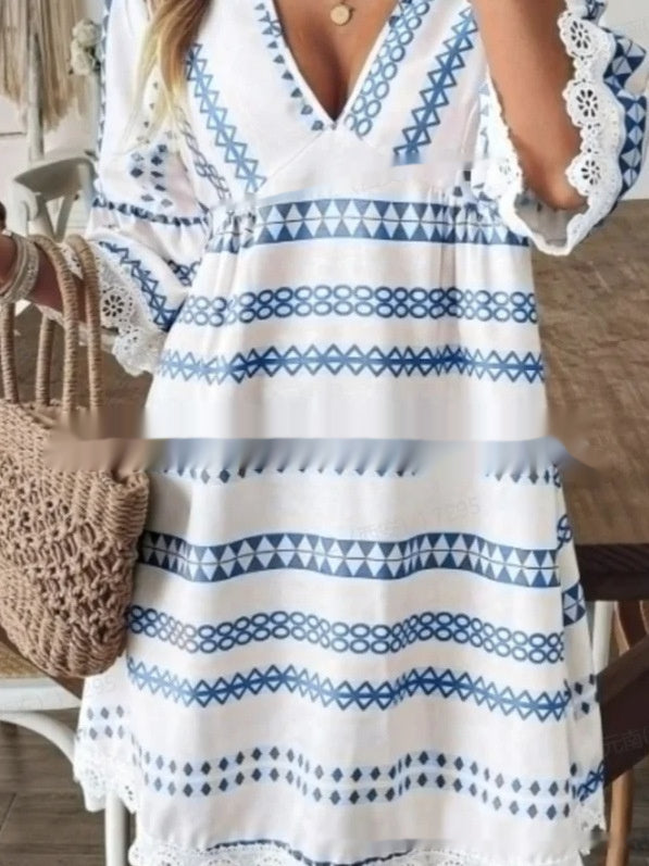 Bohemian Striped V-Neck Lace-trimmed Cuffs Dress For Women
