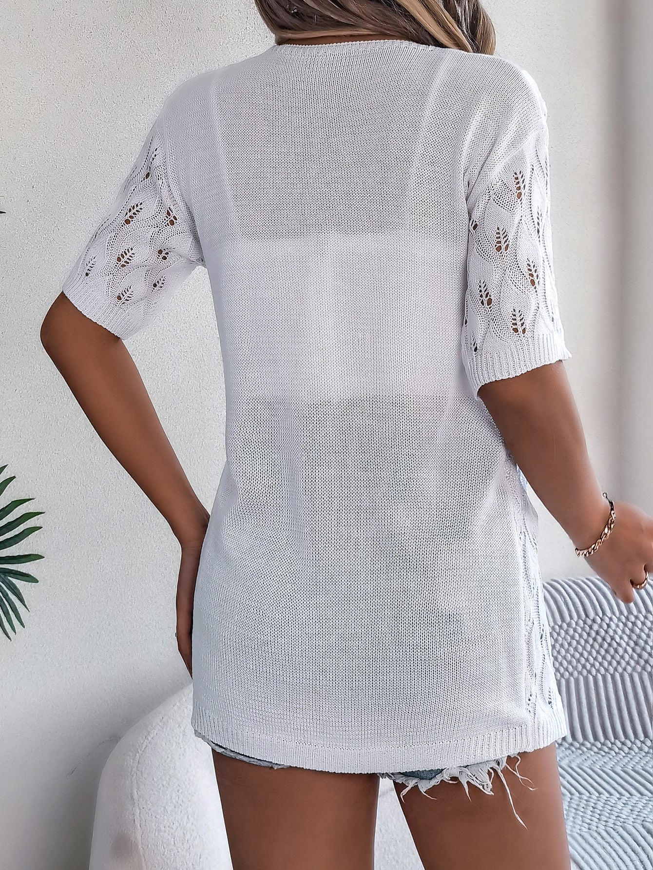 Women's Leaf Hollow-Out Knit Cardigan – Short Sleeve Vacation Cover-Up