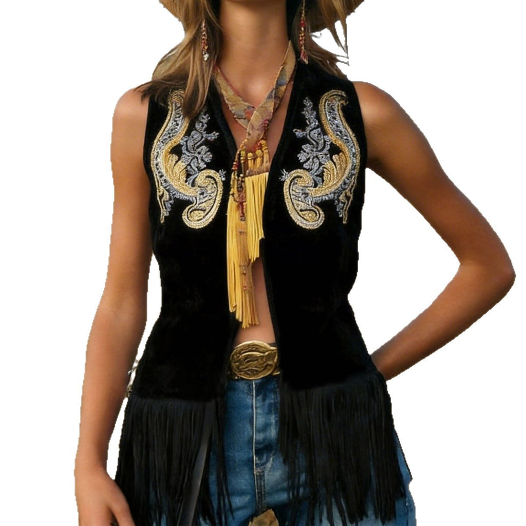 Gold Embroidered Suede Fringe Vest
