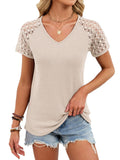 V-Neck Waffle-Knit Grace Panel-Sleeve Casual Womens T-Shirt