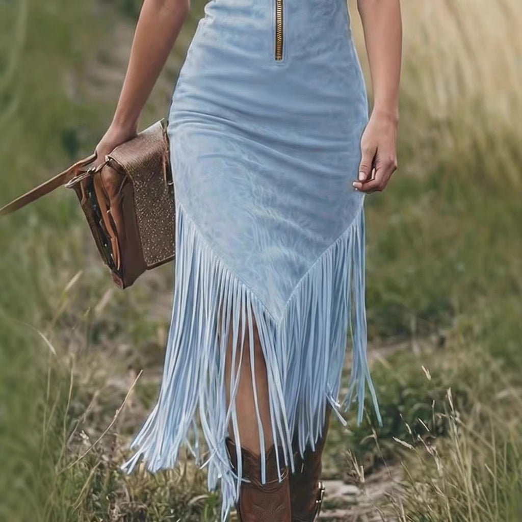 Women's Western Cowboy Tassel Sleeveless Dress – Slim Fit