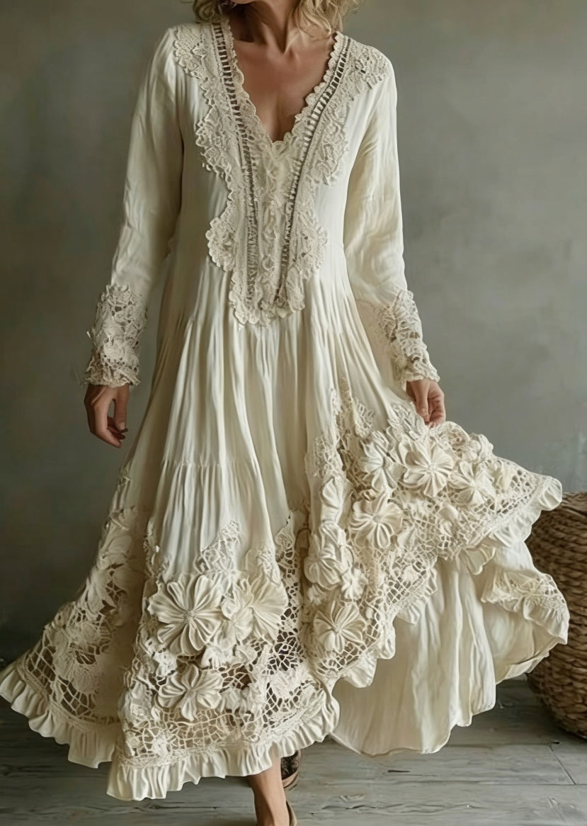 European Size Elegant V-neck High-waist Lace Trim Casual Long Sleeve Dress