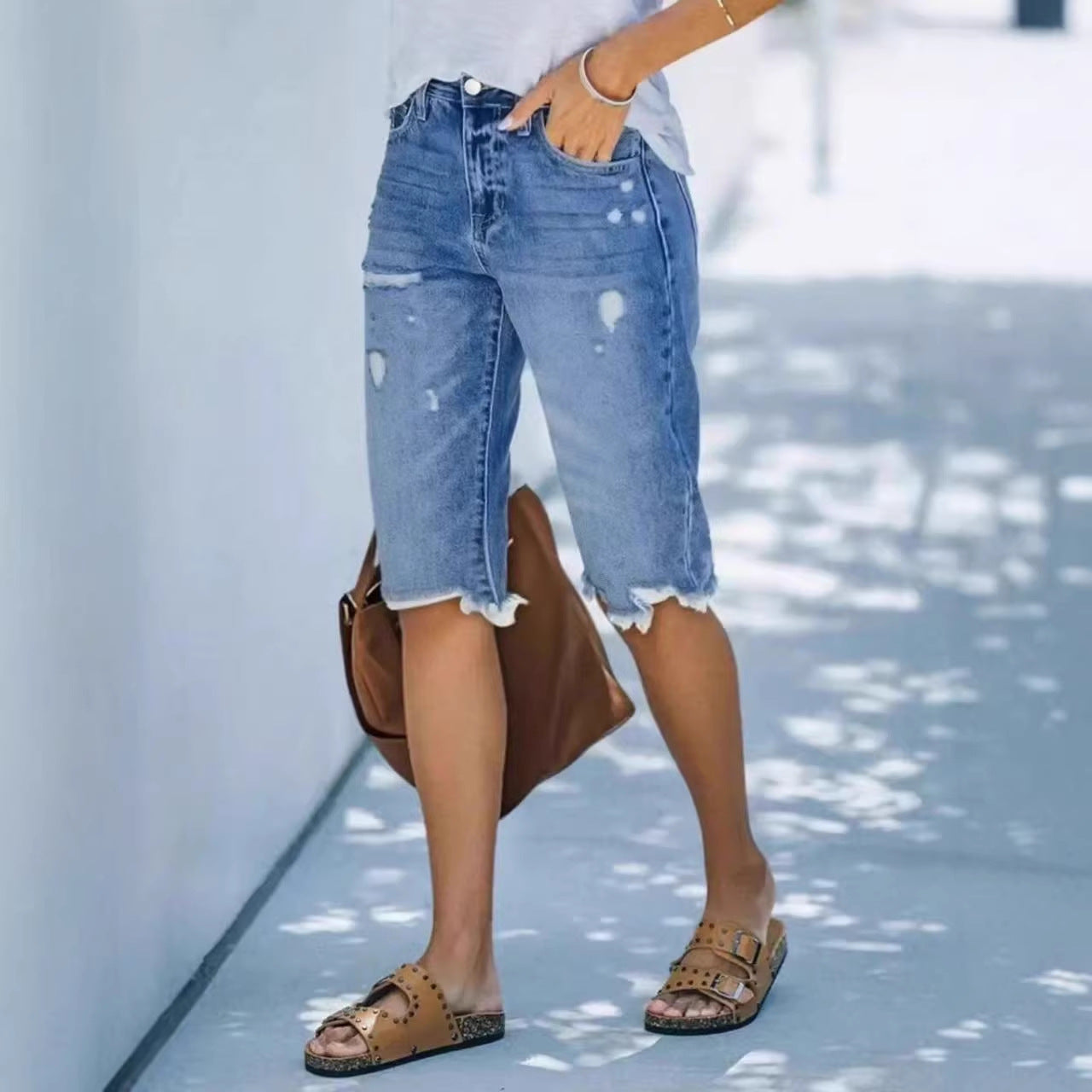 Casual Mid-Length Ripped Denim Shorts