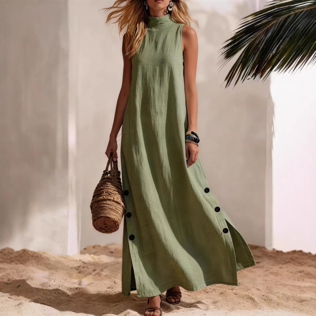 Women's Cotton-Linen Sleeveless Midi Dress – Side Slit
