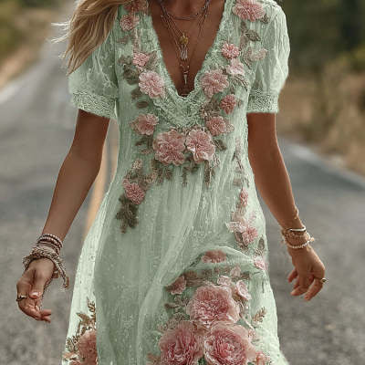 Women's Fashionable New Flower Striped Vest Dress