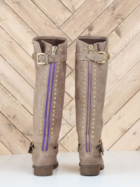 New Women's Boots Solid Color Flat Rivet High Boots