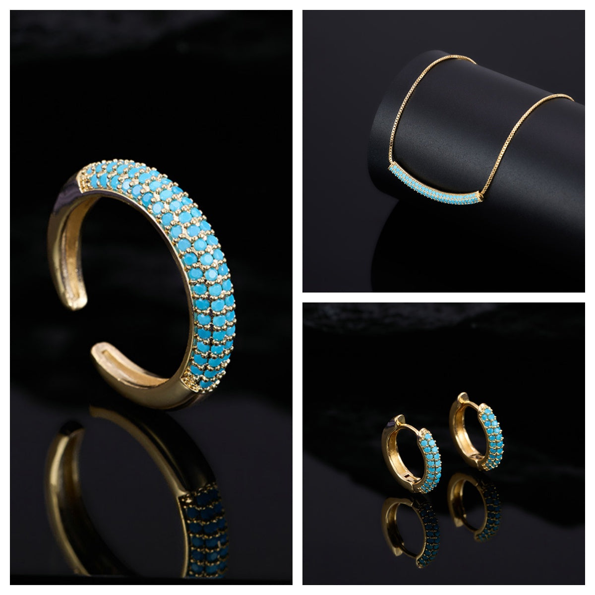 Light-luxury Geometric Turquoise Blue Jewelry Set Earrings Necklace And Ring