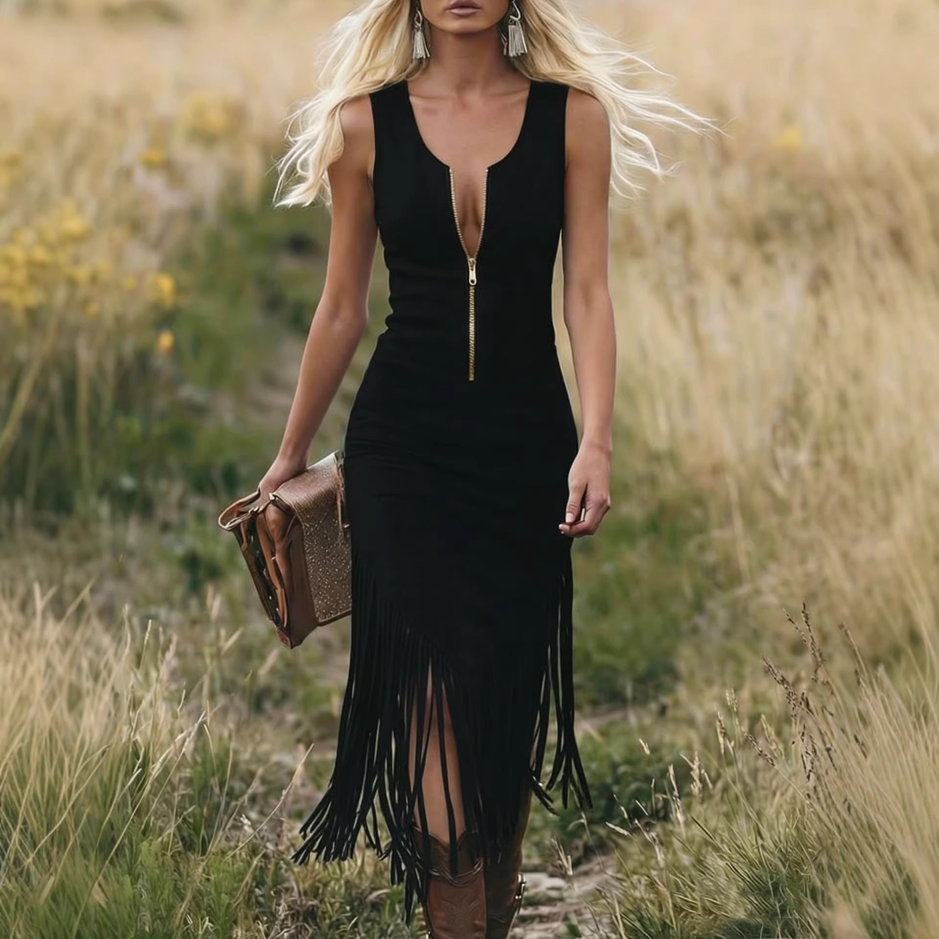 Women's Western Cowboy Tassel Sleeveless Dress – Slim Fit