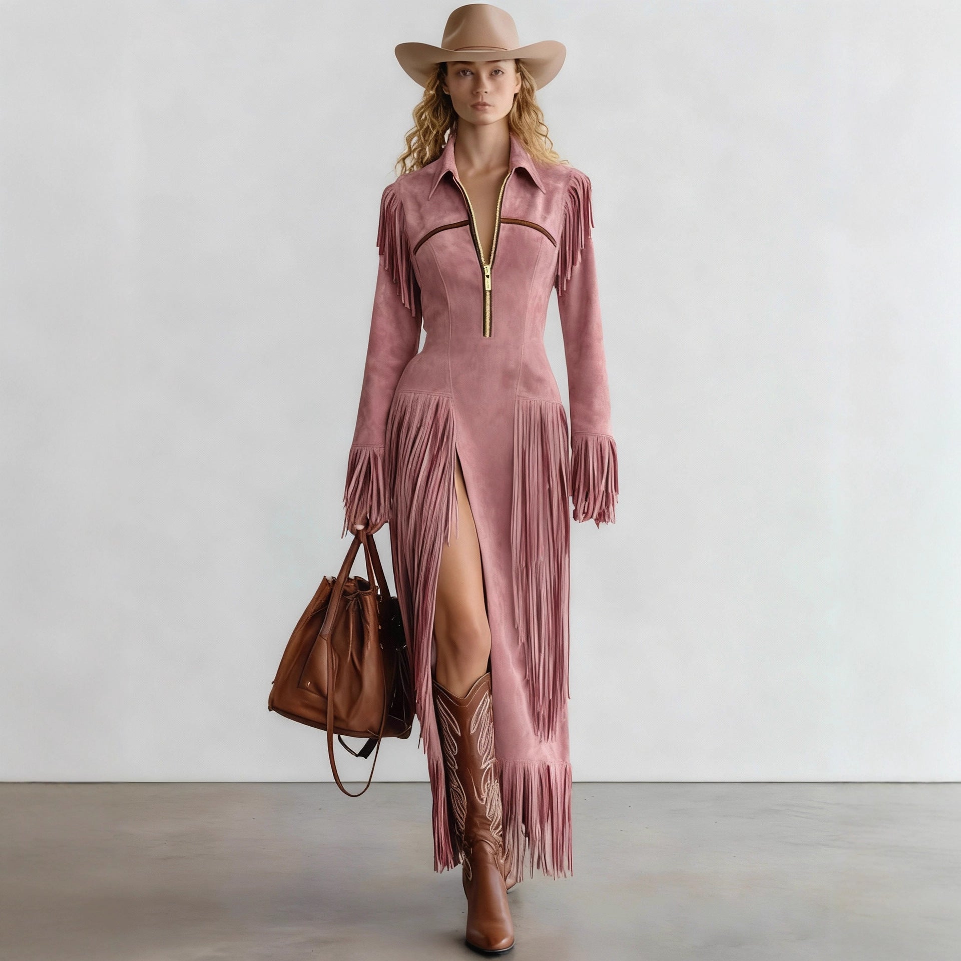 Fringed Slim-fit Long-sleeve Dress