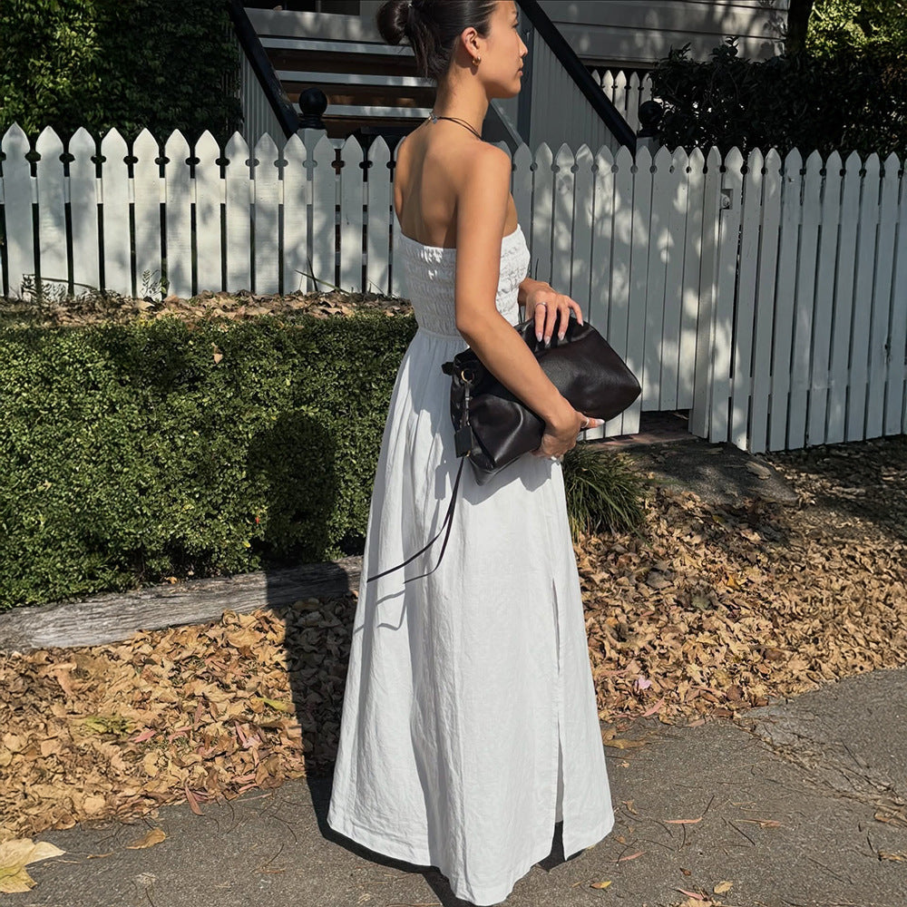 Women's Off-Shoulder Ruched Maxi Dress – High-Waist Vacation Style