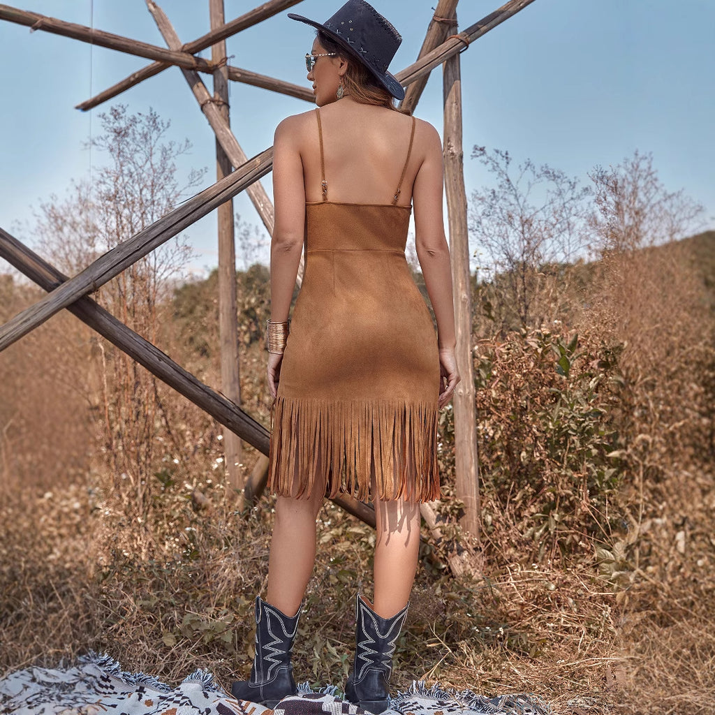 Figure-hugging Dress With Strappy Design And Fringed Details