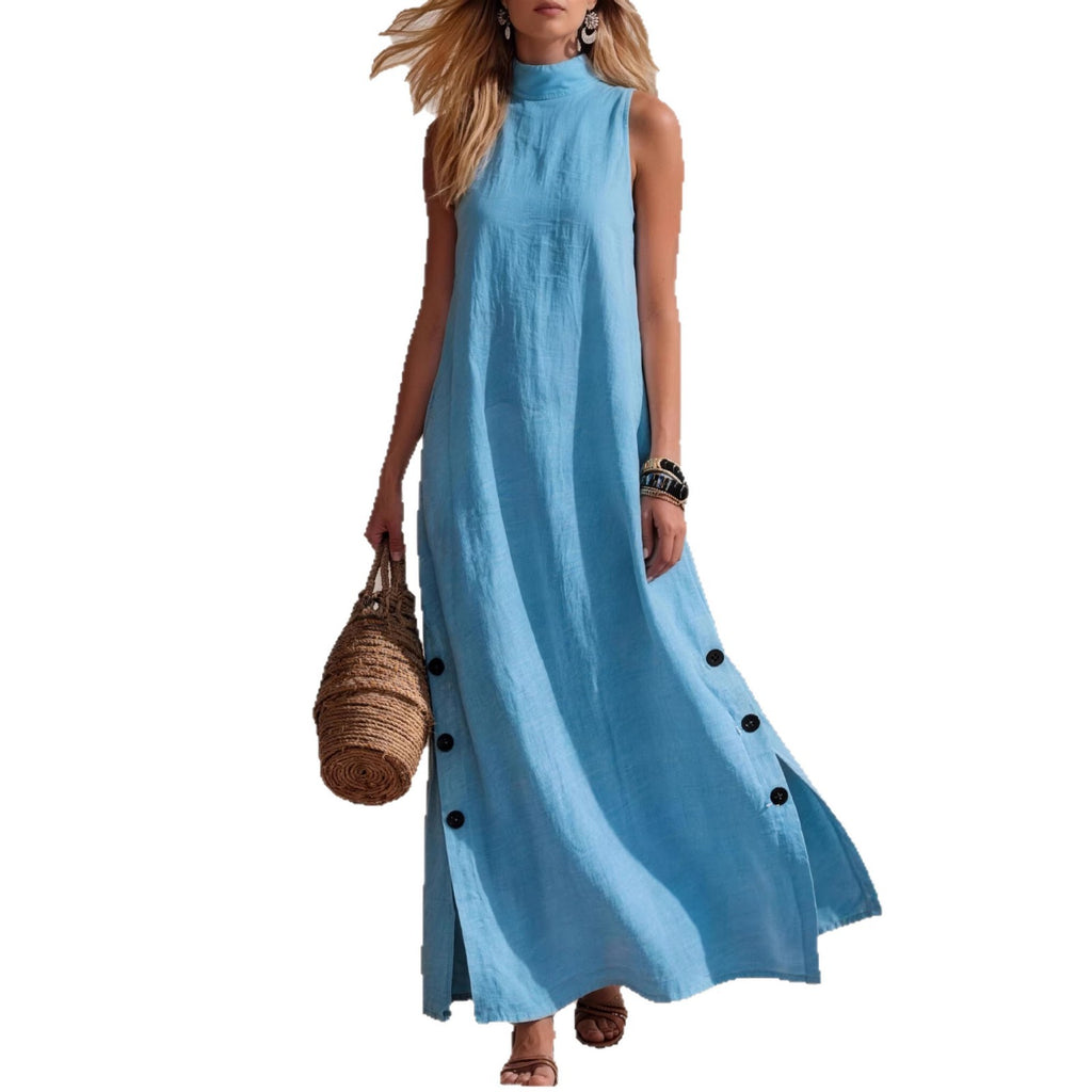 Women's Cotton-Linen Sleeveless Midi Dress – Side Slit