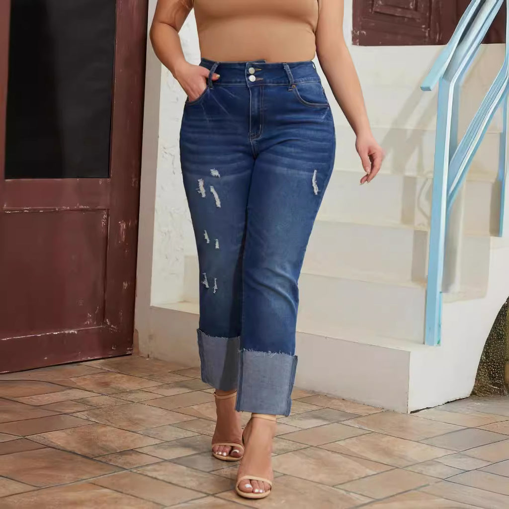 Womens High-Waist Straight-Leg Ripped Stretch Jeans