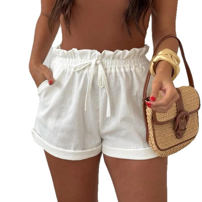 Womens Solid-Colored Loose All-Match Casual Cotton-Linen Shorts