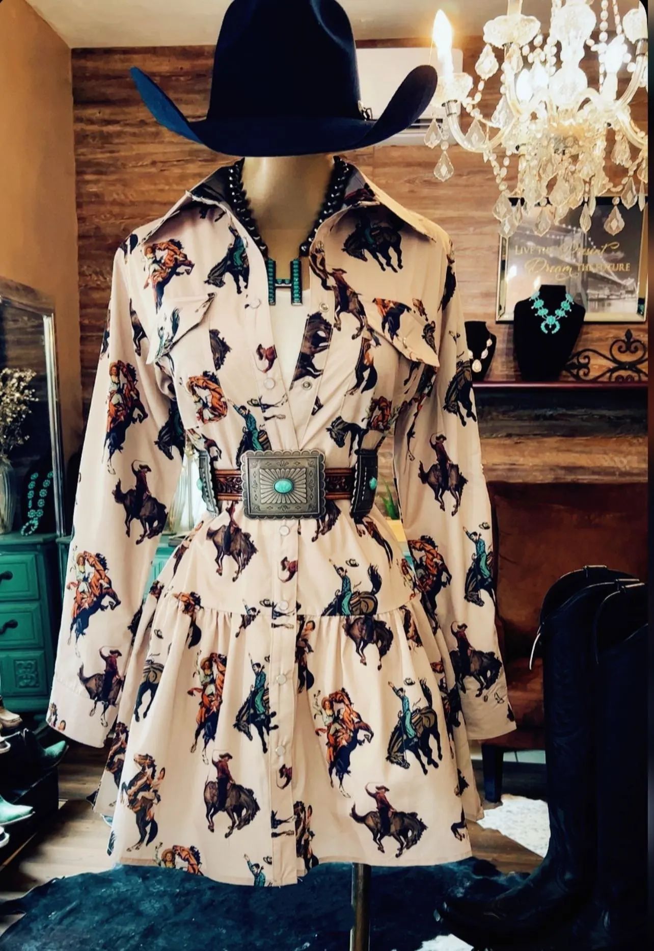 Women's Western Cowboy Printed Long-Sleeve Dress