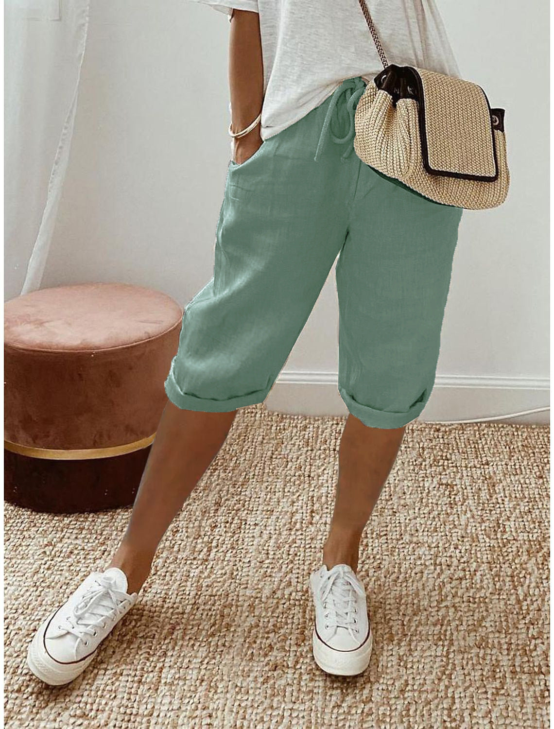 Women's Cotton And Linen Pocket Elasticated Slacks Women's Fifth Pants