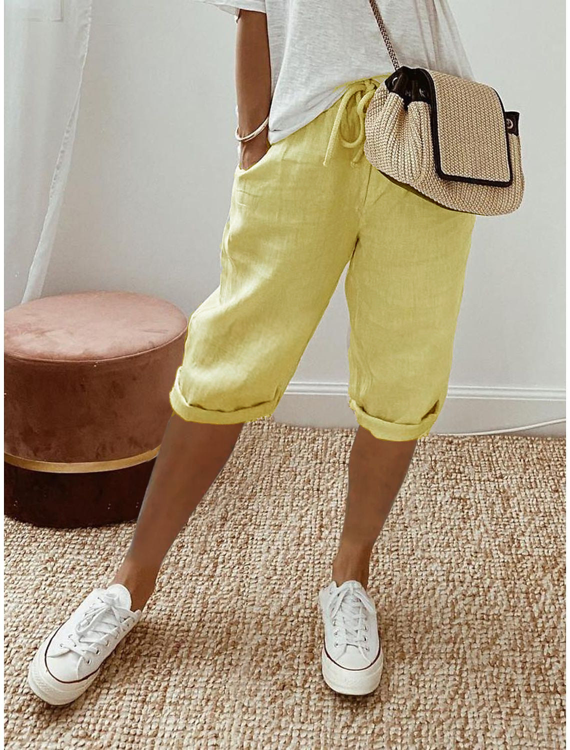 Women's Cotton And Linen Pocket Elasticated Slacks Women's Fifth Pants